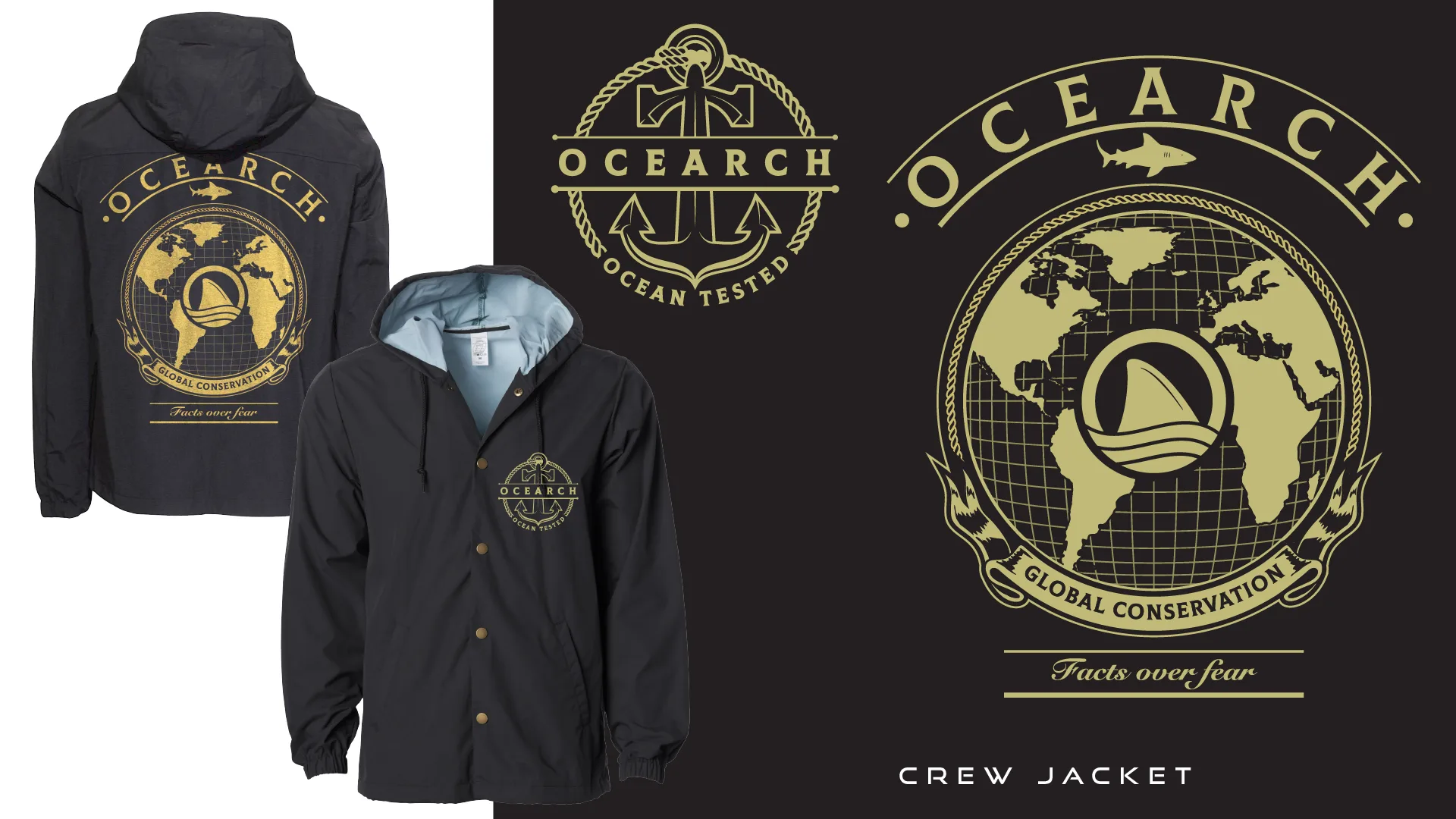 OCEARCH crew jacket and hoodie with gold globe artwork